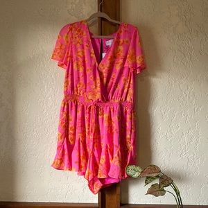 Super cute, hot pink and orange floral pattern, flutter short romper